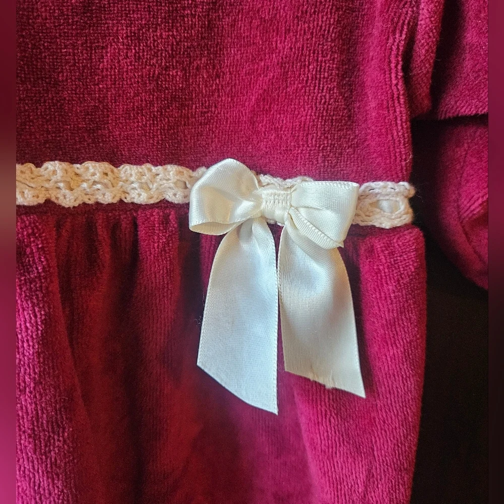 Vintage Carter's Cream and Burgundy Baby Dress With Lace And Bow Accents